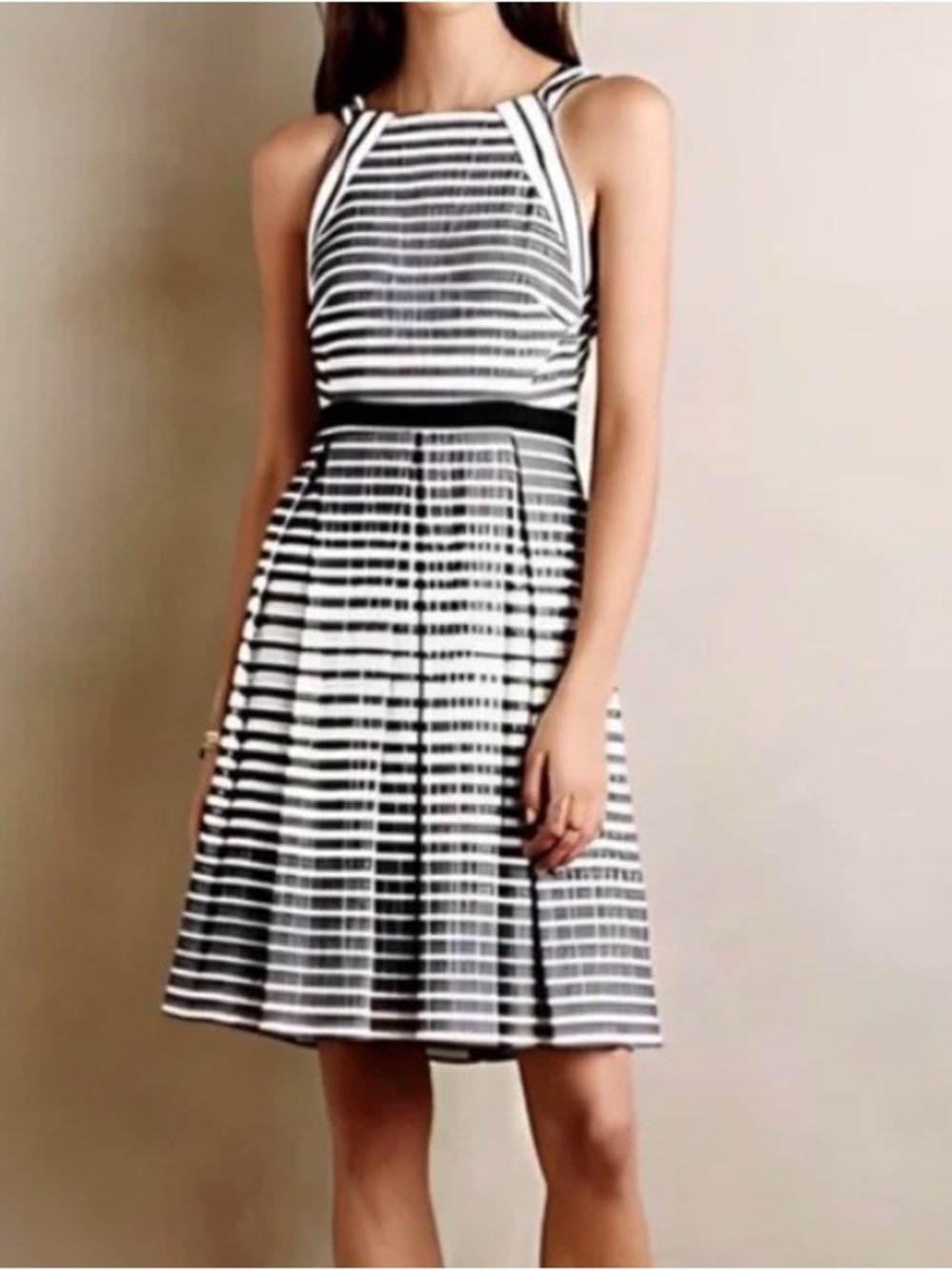Eva Franco by Anthropologie Black and White Striped Midi Fit-and-Flare Dress